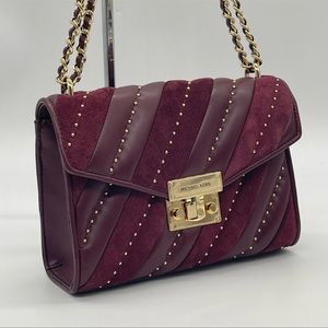 Michael Kors Medium Rose Flap Shoulder Bag Merlot Suede Velvet Red